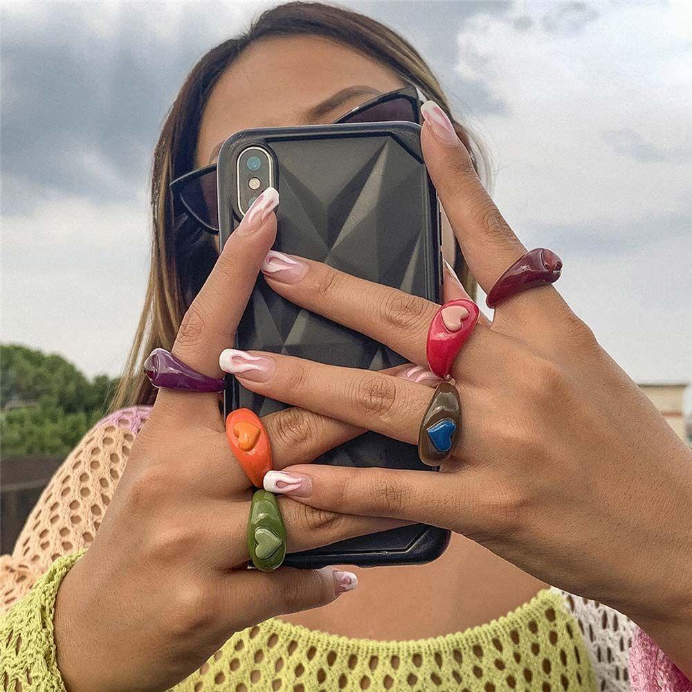 Nhẫn Resin Tròn Màu Tương Phản Vui Nhộn Phong Cách Hàn Quốc Cho Nữ