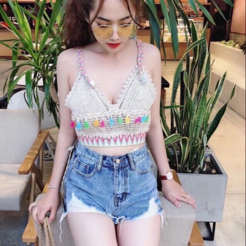 Áo bra thổ cẩm sợi móc sang chảnh đi biển siêu hót