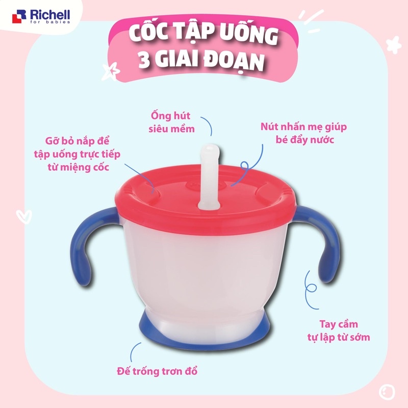 Cốc tập uống 3 giai đoạn Richell 150ml Nhật Bản chính hãng cho bé