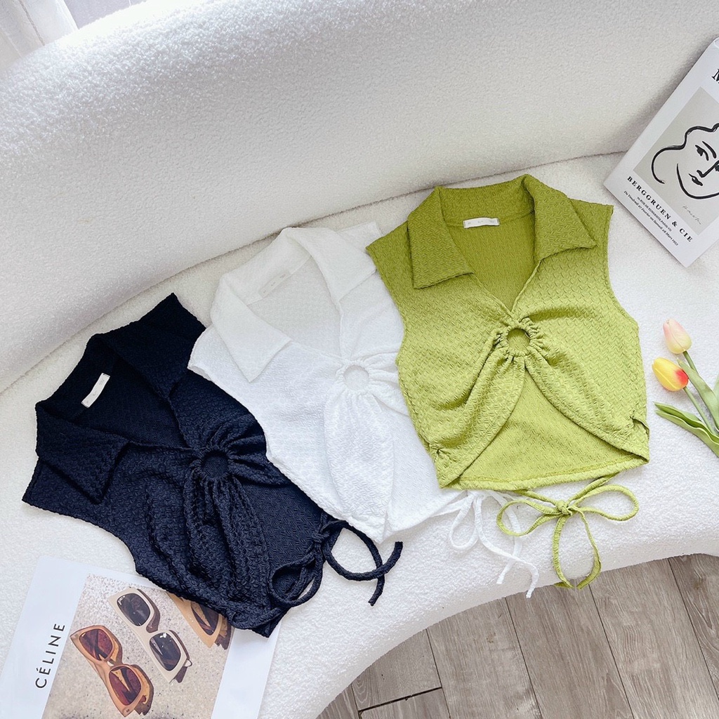 Áo thun croptop ba lỗ cổ bẻ kiểu khoen ngực xinh buộc dây chất thun xốp hột