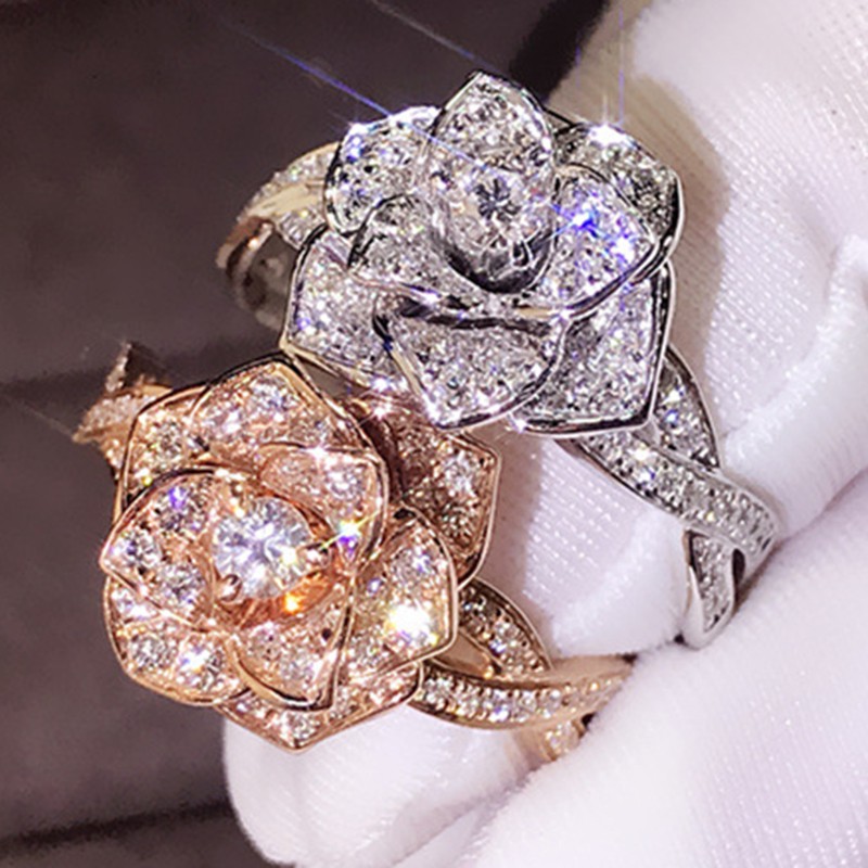 Nhẫn hình hoa đính kim cương bằng bạc Sterling 925 R1104 cho nữ