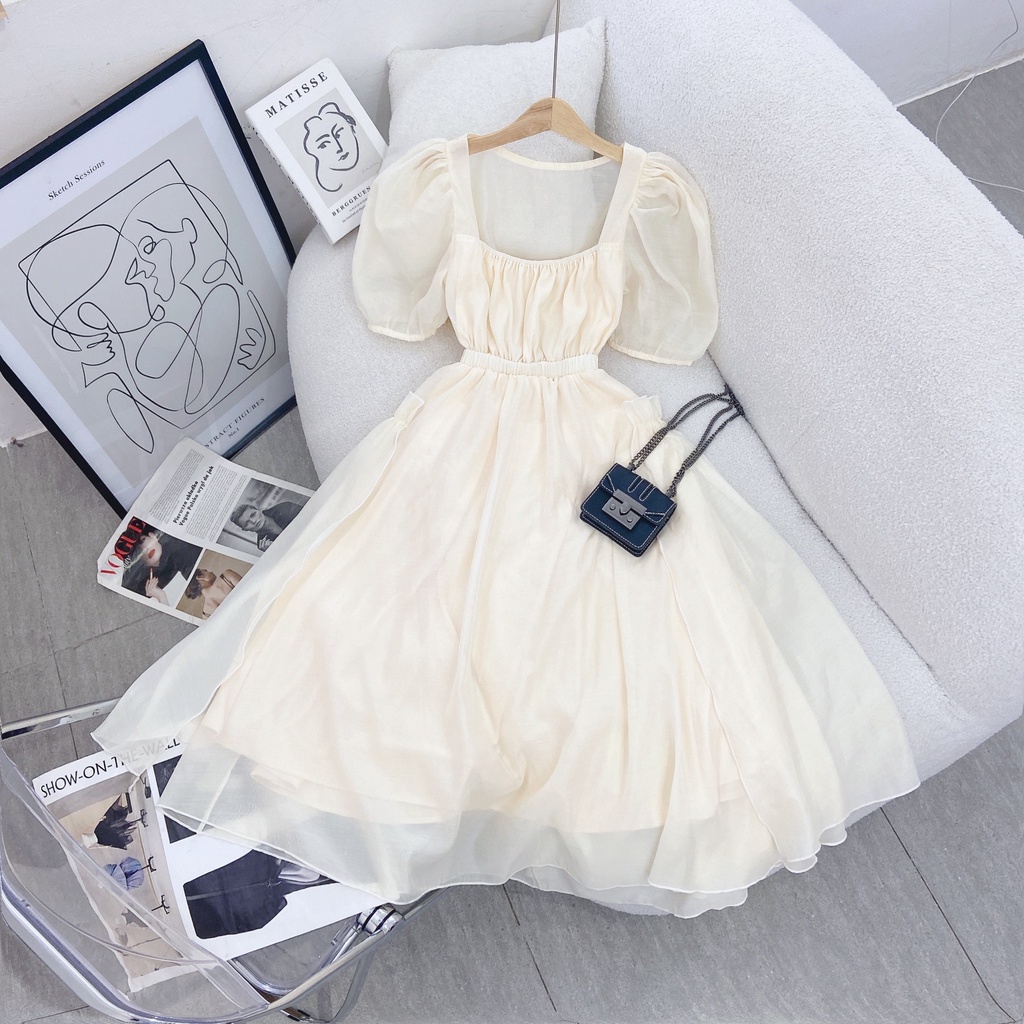 ĐẦM MIDI VOAN KEM CUT OUT NƠ CỘT NƠ LƯNG