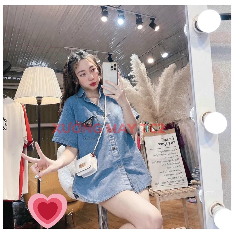 Áo sơ mi jean MẶT LOGO from rộng- áo bò demin ngắn tay phong cách ulzzang hàn quốc XƯỞNGMAYTC2