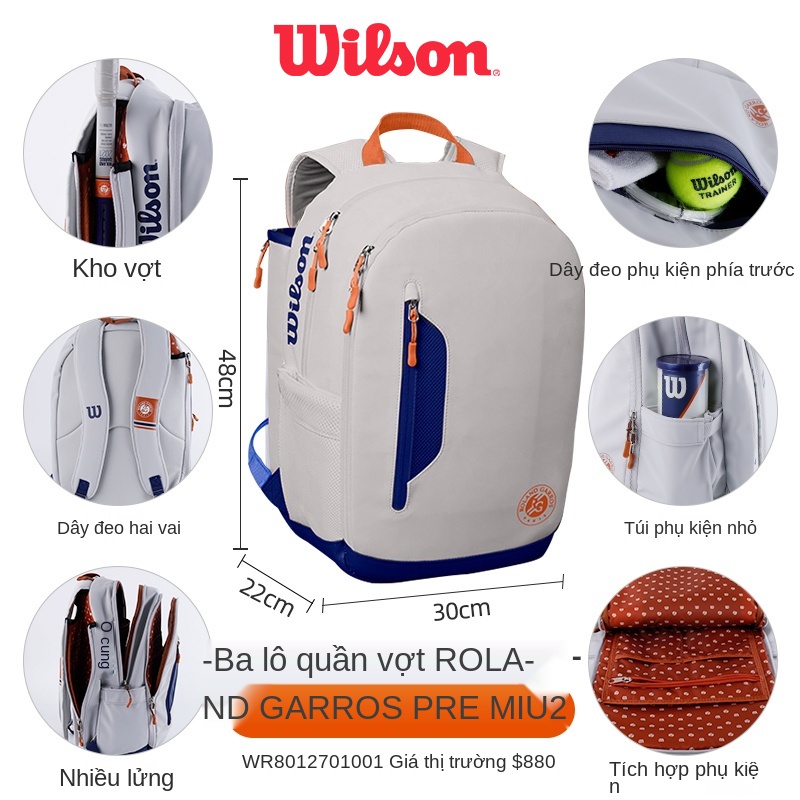 Túi tennis Wilson Wilson chính hãng Federer Túi đựng vợt tennis mẫu đặc trưng Balo đa chức năng một vai