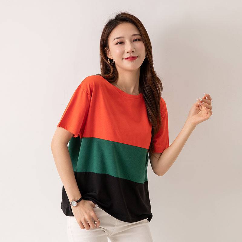 Áo Thun Cotton Cổ Tròn Tay Ngắn Dáng Rộng Màu Sắc Đơn Giản Dành Cho Nữ