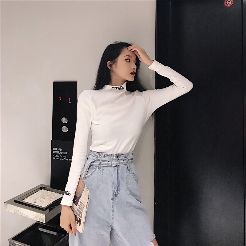 Áo thun nữ cổ lọ tay dài màu trơn đơn giản thời trang Hàn Quốc