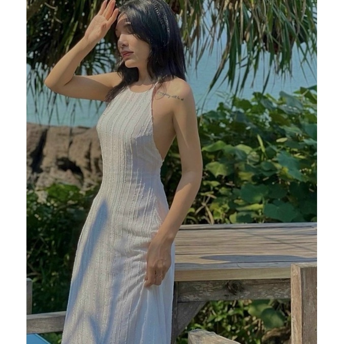 ❤❤️Đầm midi xanh cổ yếm cutout lưng❤️