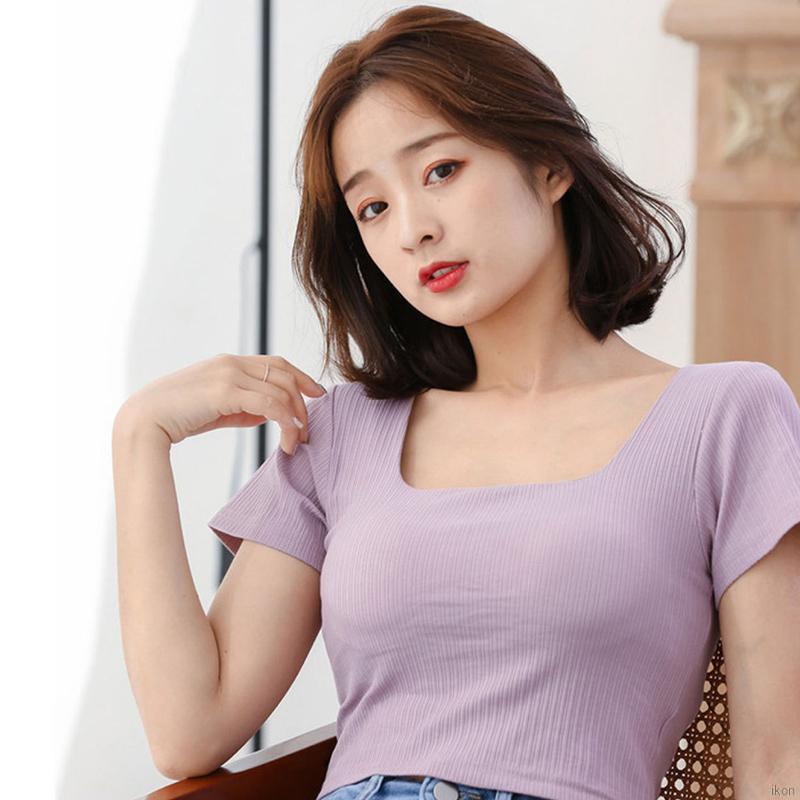 Áo Thun Tay Ngắn Cổ Vuông Có Miếng Đệm Ngực Thời Trang Cho Nữ