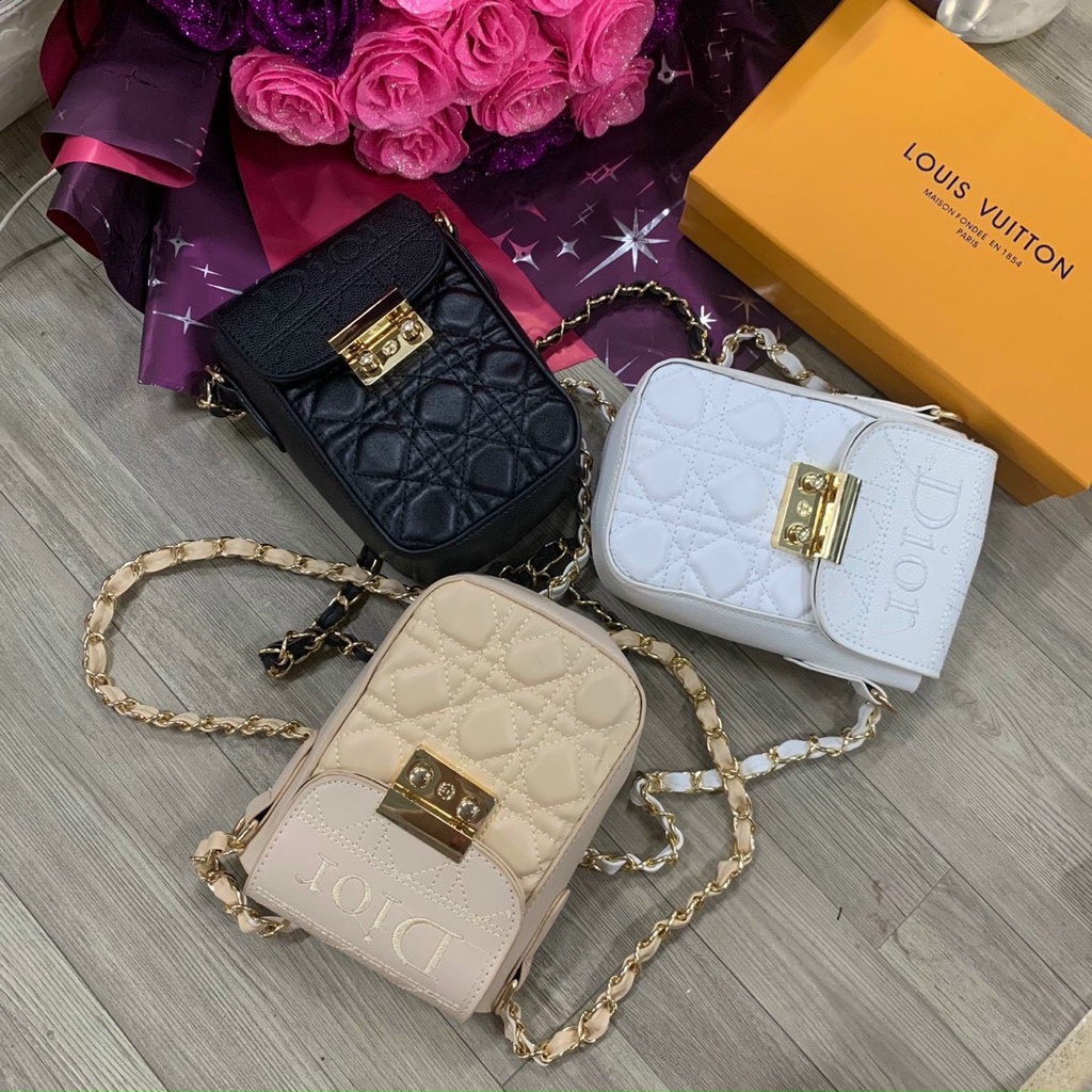 Túi Đeo Chéo Chữ Nhật Đứng Dior Da Mềm Chần Ô Vuông Kết Hợp Dây Đúc Cao Cấp Thời Trang