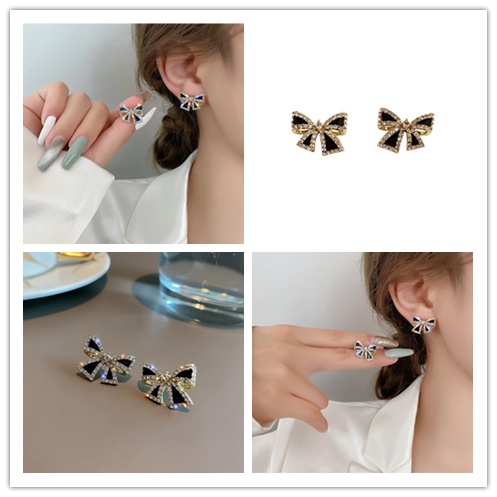 Khuyên Tai Hình Nơ Đen Đính Đá Đơn Giản Cá Tính Phong Cách Hàn Quốc