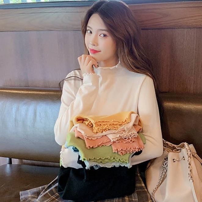 Áo Thun Tay Dài Cổ Cao Màu Trơn Dáng Rộng Thiết Kế Đơn Giản Thoải Mái Cho Nữ