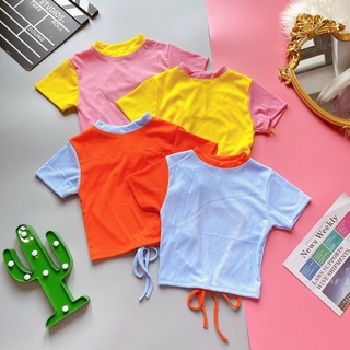 Áo croptop phối màu hở lưng cột nơ
