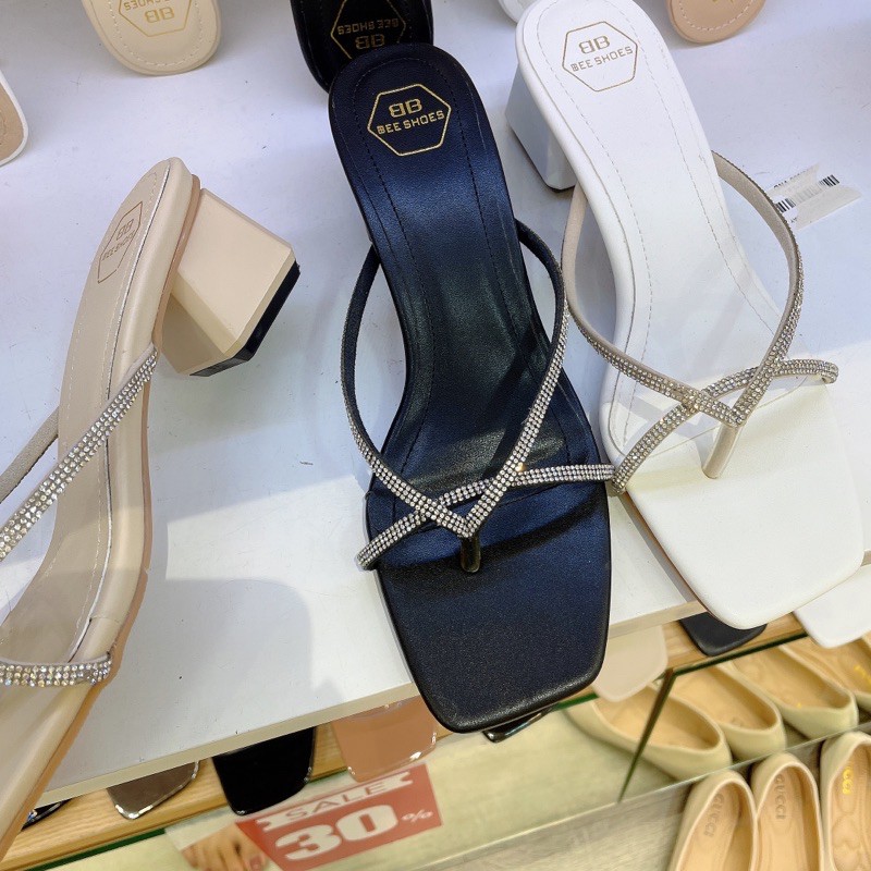 BEESHOES - GUỐC NỮ MŨI VUÔNG XỎ NGÓN ĐÁ - GUỐC NỮ MŨI VUÔNG ĐẾ VUÔNG CAO 3 PHÂN SẴN MÀU ĐEN - KEM - TRẮNG 210371