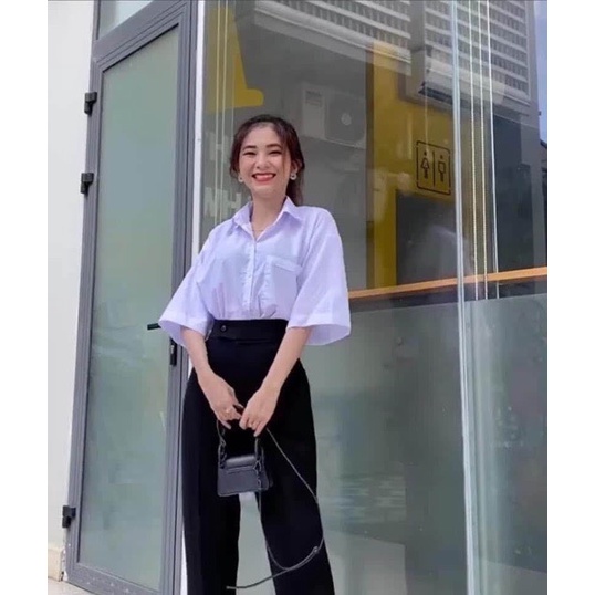Áo sơ mi nữ tay lỡ có túi học sinh - Thun kiểu form rộng cổ bẻ phong các retro hàn quốc ulzzang