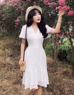 Đầm Bi Cổ V 2 Màu (kèm hình thật)