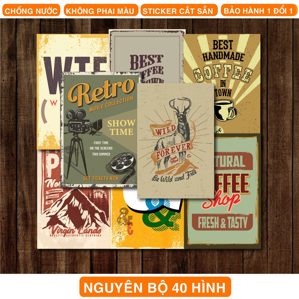 Nguyên bộ 40 Sticker Vintage dán điện thoại, laptop, nón bảo hiểm, guitar, vali MSP: STC-03