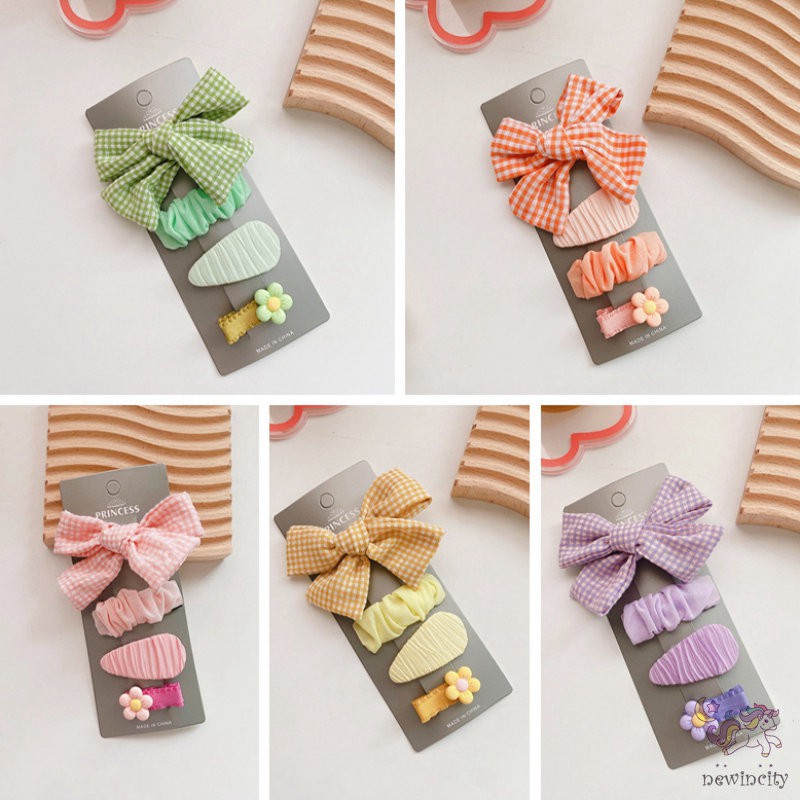 Set 4 Kẹp Tóc Hình Nơ In Hoa Nhiều Màu Sắc Phong Cách Hàn Quốc Cho Bé Gái