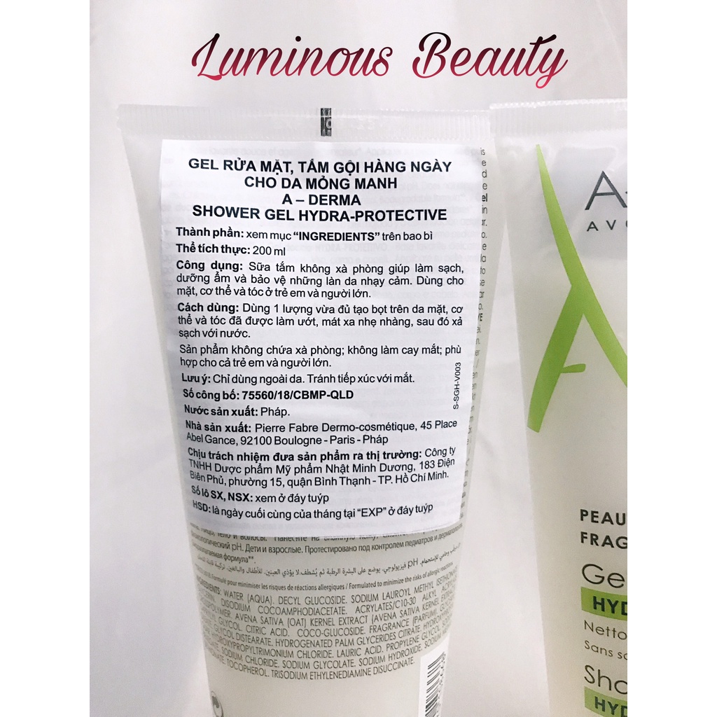 Gel rửa mặt, tắm gội hàng ngày cho da mỏng manh A-DERMA SHOWER GEL HYDRO-PROTECTIVE ADERMA 200ml