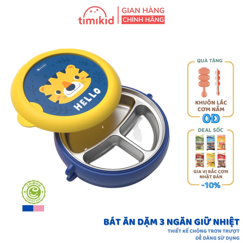 Bát ăn dặm 3 ngăn Goryeo Baby giữ nhiệt, có nắp, inox 316 thép không gỉ, có đế chống trượt - Timikid