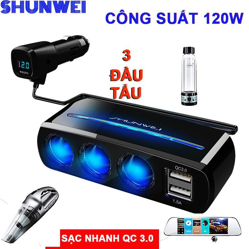 Bộ Chia Tẩu Sạc Ô Tô ,Xe Hơi ShunWei 3 Tẩu - 2 Usb Kép QC 3.0 Công Suất 120W Kết Hợp Led Sang Trọng