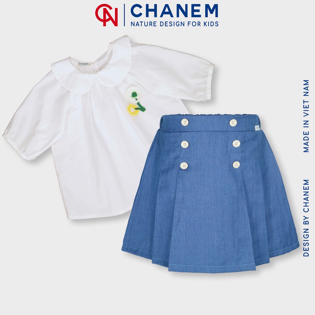 Đồng phục học sinh CHANEM cho bé gái (3-10 tuổi) Áo trắng phối hoa móc thủ công độc đáo phối chân váy xếp ly