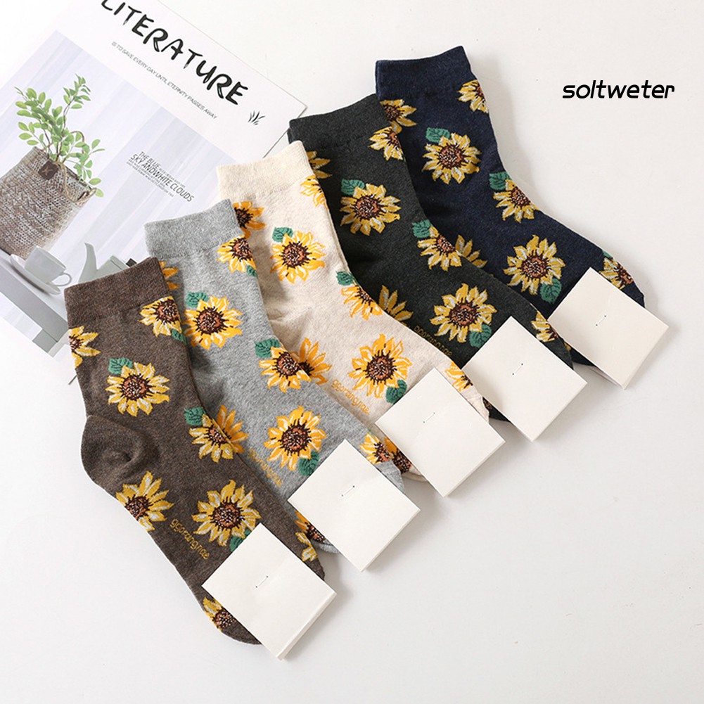Vớ Cotton Cổ Cao Co Giãn Thoáng Khí Họa Tiết Hoa Hướng Dương Cho Nữ