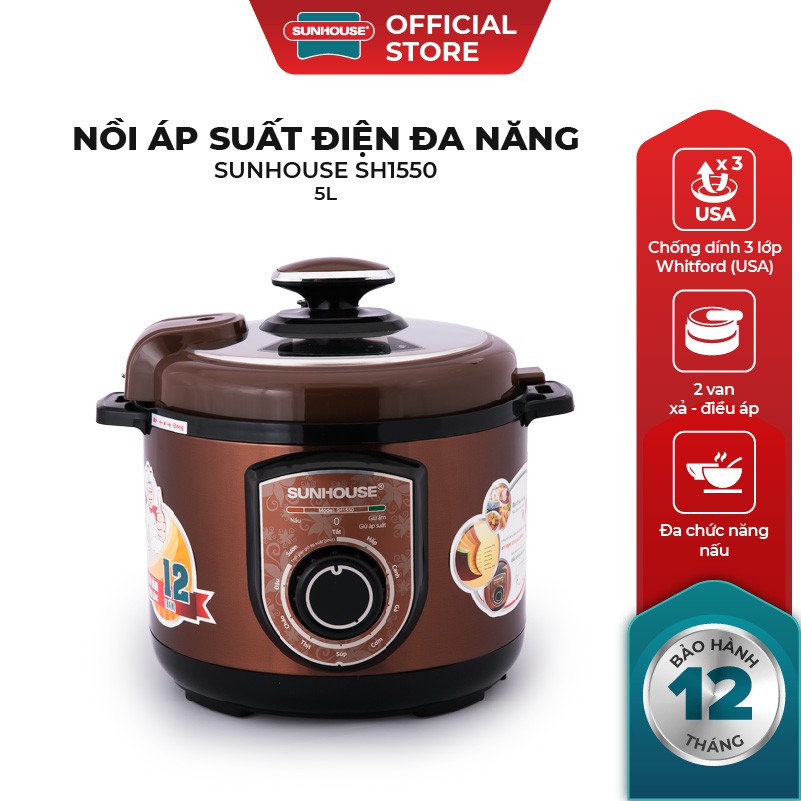 Nồi áp suất điện SUNHOUSE 5L màu cà phê SHD1550