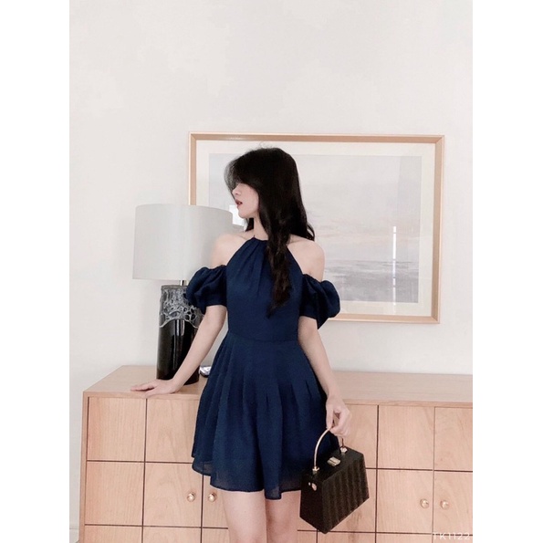 Đầm Váy Cổ Yếm Xếp Li Eo Màu Xanh Đen