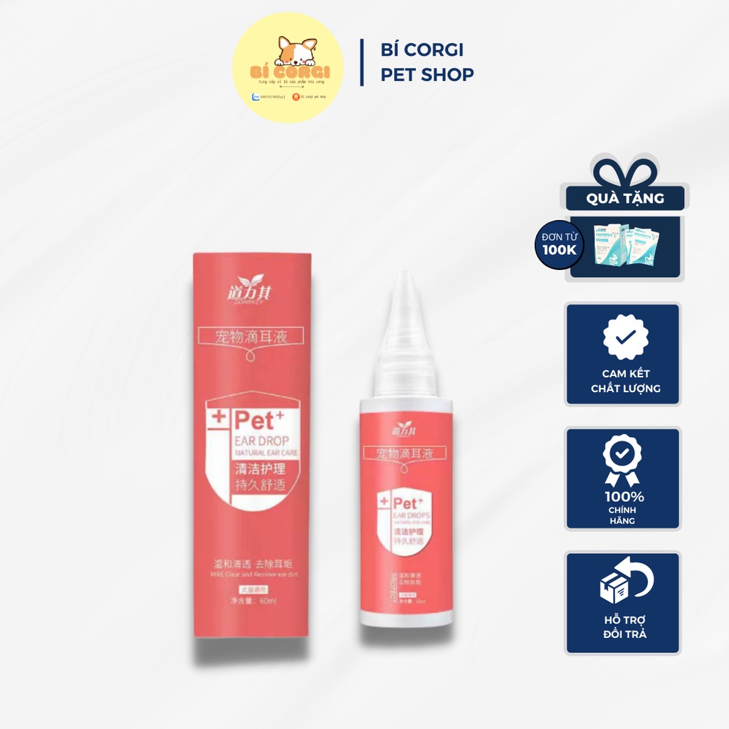 Dung dịch nhỏ tai vệ sinh ngăn ngừa viêm hôi tai chó mèo DORRIKEY 60ml