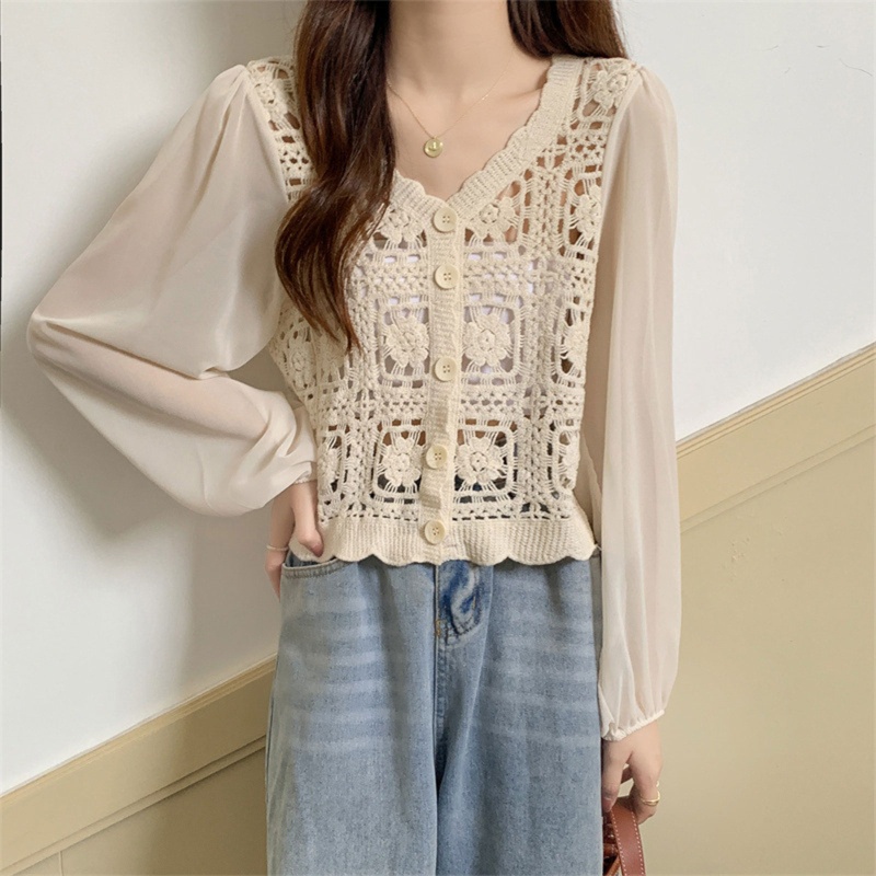 Áo Khoác Cardigan Chiffon Tay Dài Phồng Cổ Chữ V In Họa Tiết Hoa Thời Trang Cho Nữ