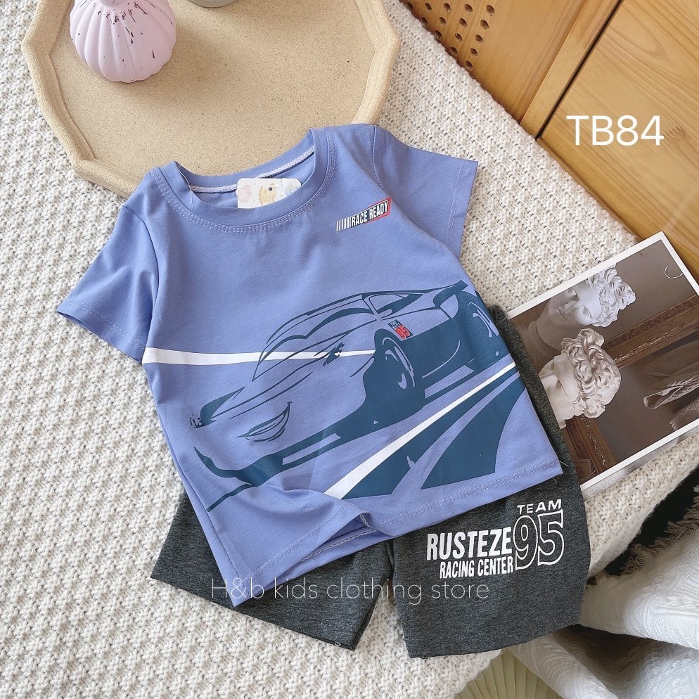 Bộ cộc tay bé trai vải cotton mềm mịn, thoáng mát, in hình ô tô đua siêu ngầu size từ 8 - 30 kg