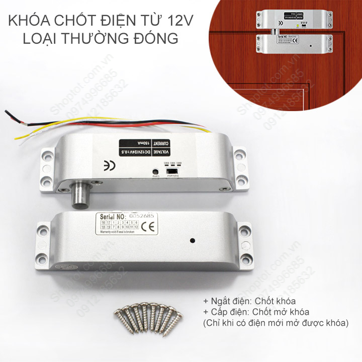 Khóa chốt cửa điện từ gắn nổi, loại thường khóa 12VDC  có độ trễ 0-3-6 giây,cửa gỗ, nhựa, nhôm