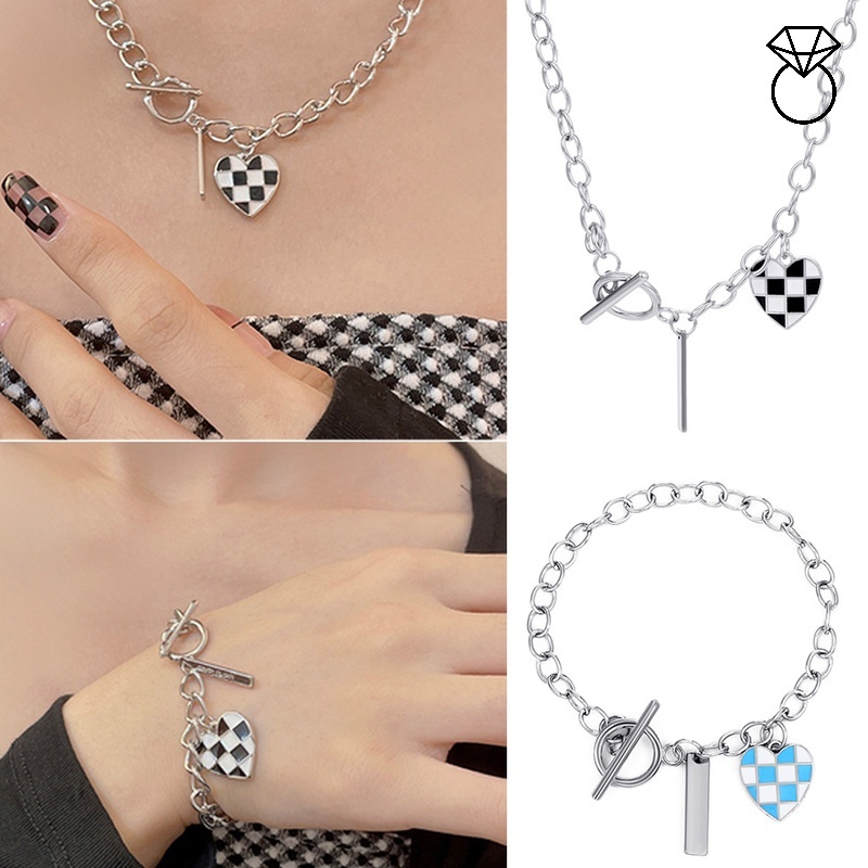Vòng cổ/Vòng Tay Bằng Hợp Kim Màu Bạc Mặt Hình Bàn Cờ Cá Tính Và Chữ Love Phong Cách Retro Thời Trang Cho Nữ