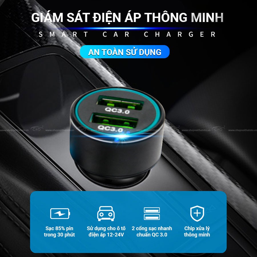 Tẩu Sạc Nhanh QC3.0 2 Cổng USB CIND C75 Màu Đen Nhập Khẩu Chính Hãng