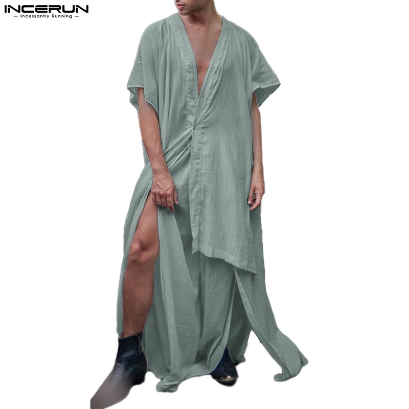 Set áo cánh dơi + quần dài xẻ tà INCERUN màu trơn phong cách hồi giáo cho nam