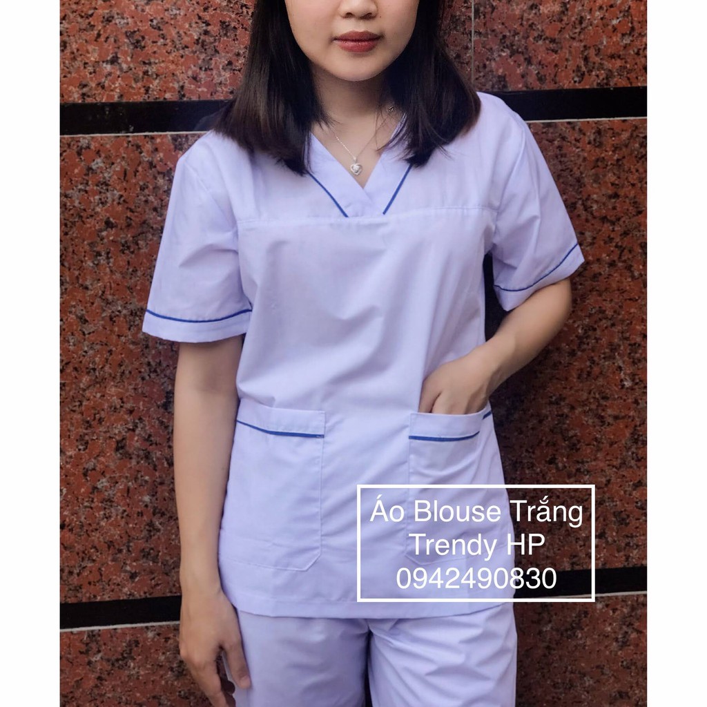 Bộ quần áo blouse trắng cổ tim có viền xanh Nam Nữ cộc tay Chất Lon Nhật cho dược sỹ, điều dưỡng, hộ lý, y tá, bác sỹ