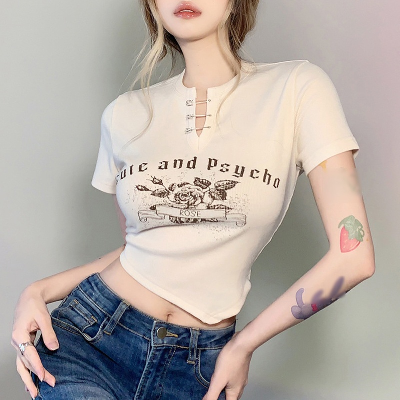 Áo Thun Lửng Ngắn Tay Cổ Chữ V In Họa Tiết Hoa Hồng Và Chữ Thời Trang Dành Cho Nữ