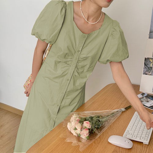 Phiên bản mùa hè Hàn Quốc mới 2021 váy mỏng, sinh viên siêu bất tử cổ vuông, tay áo bong bóng xếp ly, váy trắng | BigBuy360 - bigbuy360.vn