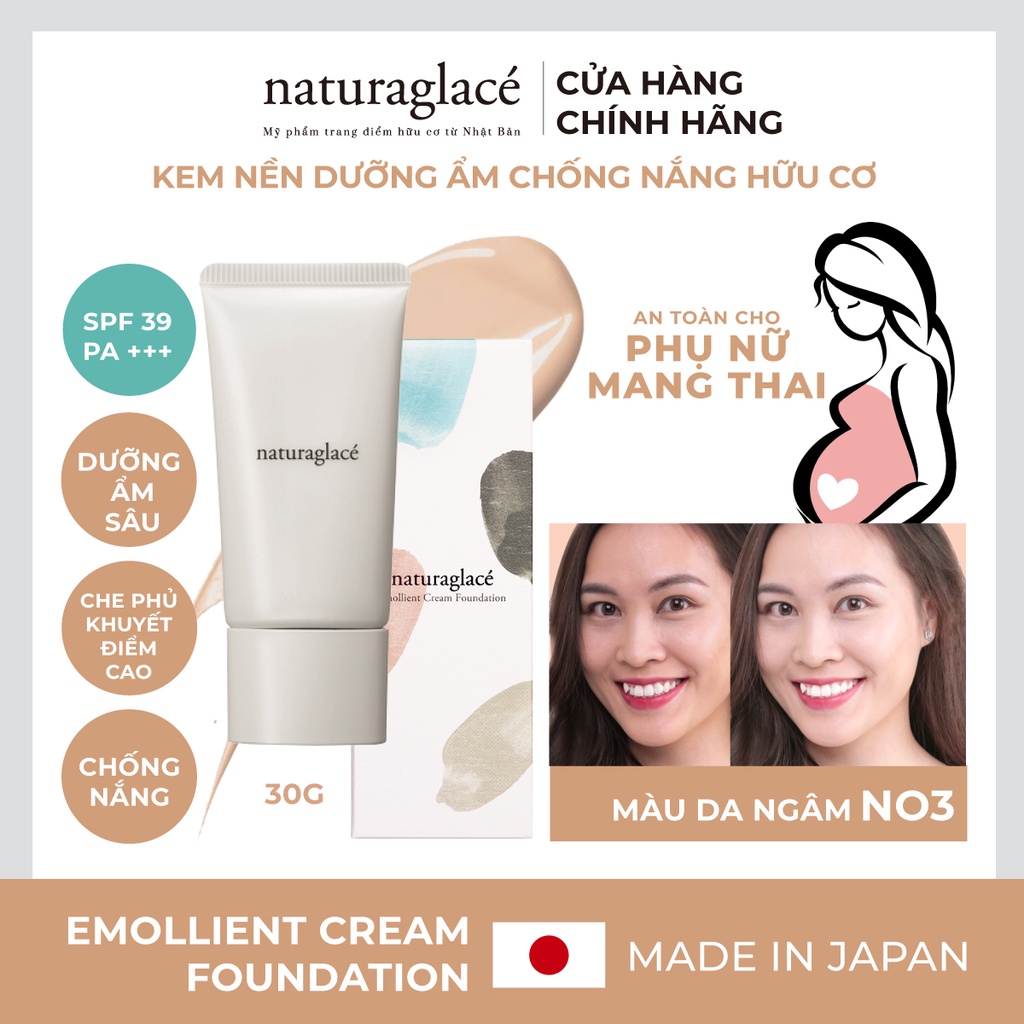 Kem nền hữu cơ naturaglacé Emollient Cream Foundation, chống nắng SPF39 PA+++, Màu NO3 - Màu da ngăm, 30g