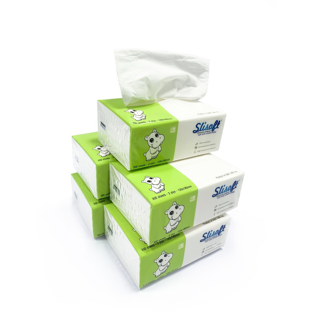 Combo 6 gói khăn giấy Slisoft trắng tự nhiên không chất tẩy trắng gói 300 tờ 3 lớp thân thiện với môi trường Decano