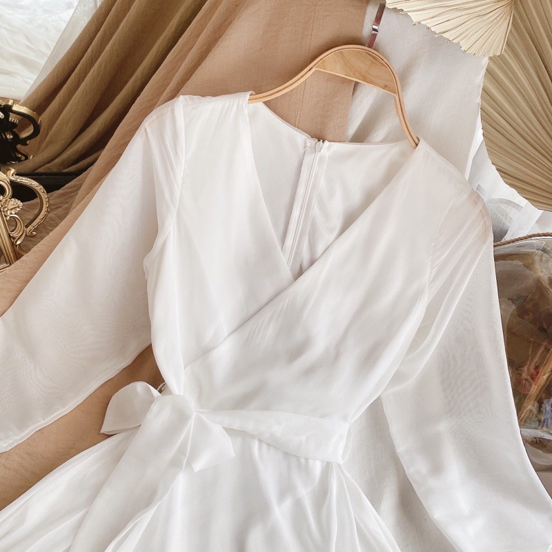 Đầm váy trắng 🌺Freeship🌺 tay dài phồng nhẹ, cổ đắp chéo chữ V dễ thương, thanh lịch | WebRaoVat - webraovat.net.vn