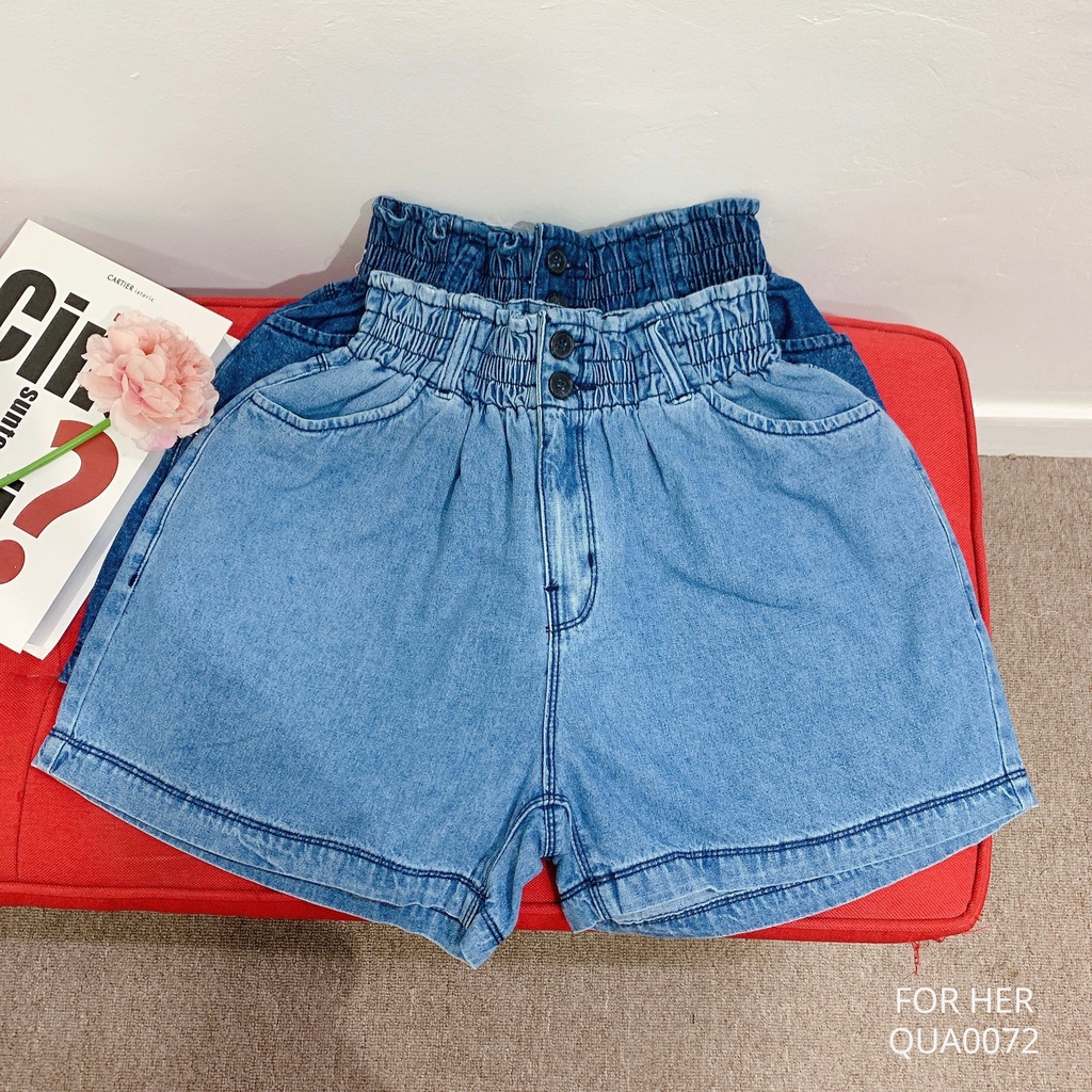 Quần short jean nữ lưng thun 2 nút cạp cao ống rộng QUA0072