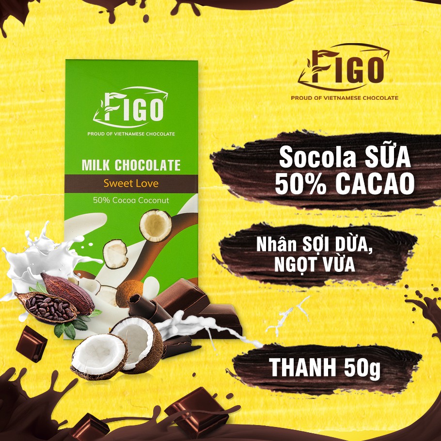 [Chính hãng] Milk Chocolate Figo nhân Sữa Dừa Thanh 50gr (Sweet love) QÙA TẶNG Valentine