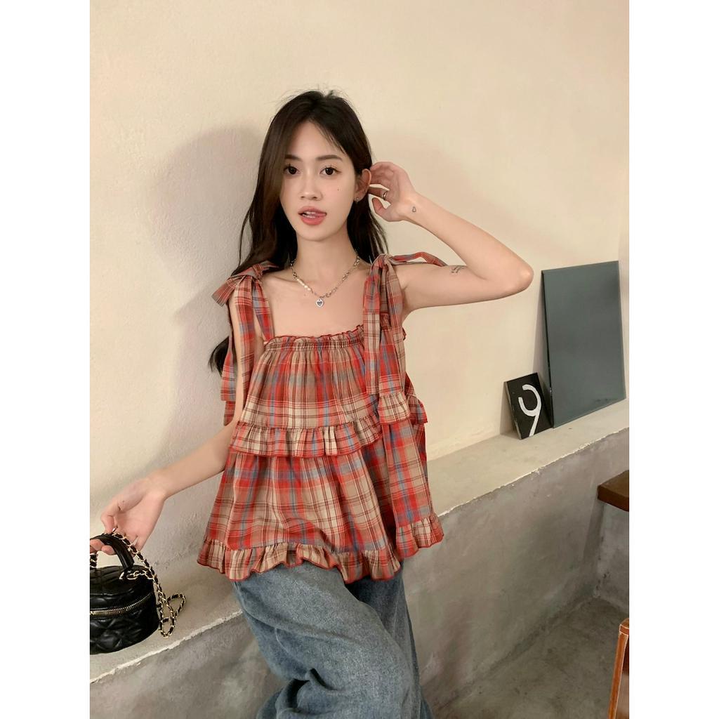 QADCOL Áo Hai Dây Dáng Rộng Họa Tiết Sọc Caro Phong Cách retro Thời Trang Mùa Hè Cho Nữ