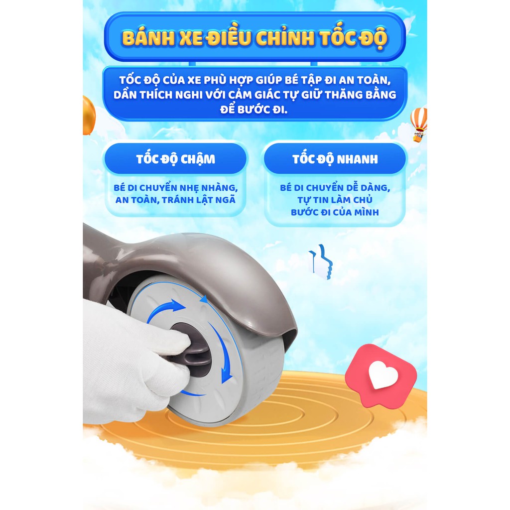 Xe tập đi cho bé cá heo gấp gọn có đèn, nhạc Chilux Walk G màu xám - CAYABE