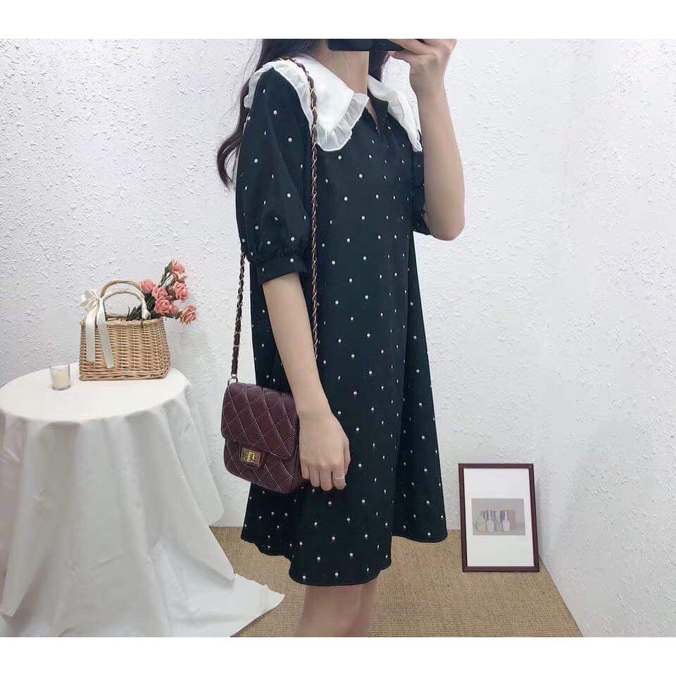 VÁY CHẤM BI ĐEN CỔ BÈO - ĐẦM SUÔNG CHẤM BI CỔ V ULZZANG