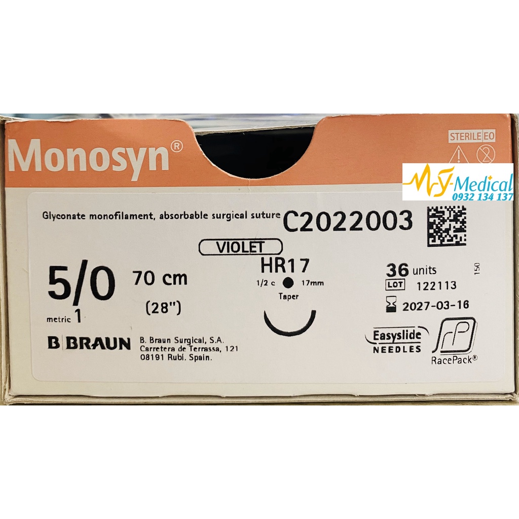 CHỈ PHẨU THUẬT TỰ TIÊU BBRAUN MONOSYN VIOLET 5/0-C2022003(HỘP 36 TÉP)