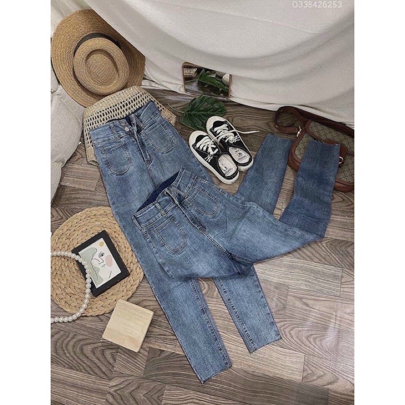 Quần Jeans Nữ 2 Nút Lưng Cao 2 Túi Vuông Trước, Quần Jeans Nữ Co Giãn Tốt
