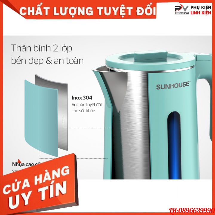 Ấm đun siêu tốc inox SUNHOUSE 2 lớp cao cấp, bền đẹp 1.8L