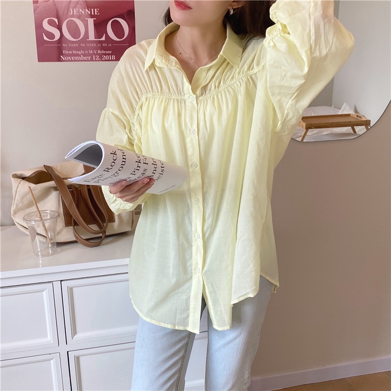 Áo sơ mi cổ polo tay dài xếp ly phong cách Hàn Quốc trẻ trung 45265